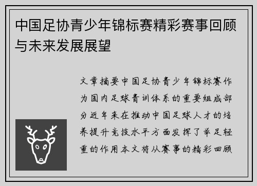 中国足协青少年锦标赛精彩赛事回顾与未来发展展望 中国足协青少年锦标赛精彩赛事回顾与未来发展展望